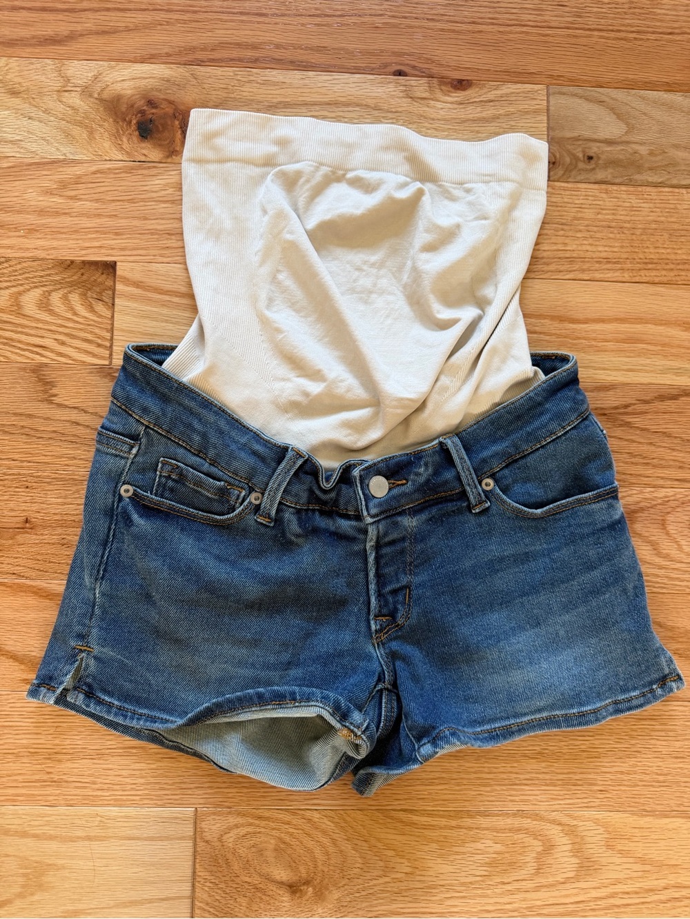 BLANQI Blue Denim Maternity Shorts with Cream Support Panel